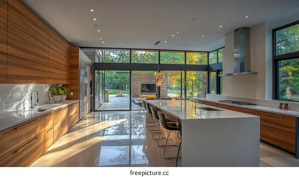 Modern Kitchen with Large Windows and Outdoor View