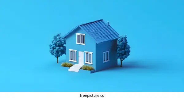 Blue House and Trees in Minimalist 3D Design