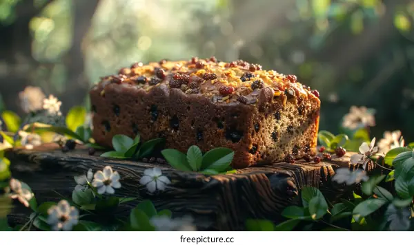 Close up of homemade delicious banana bread on wooden table in the garden