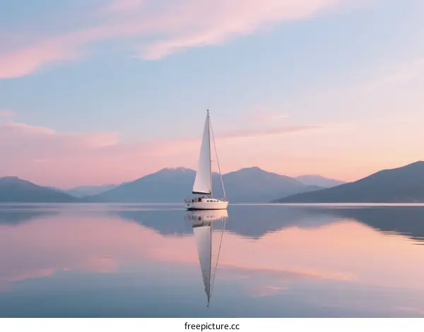 A Serene Yacht Sailing on Calm Lake with Mountain Backdrop at Sunset