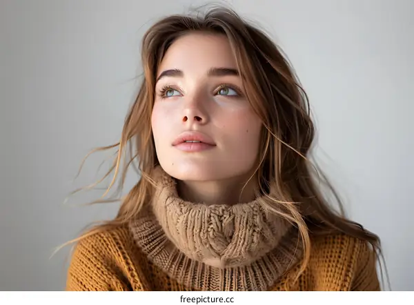 Portrait of a Young Woman With Brown Hair Wearing a Knitted Sweater