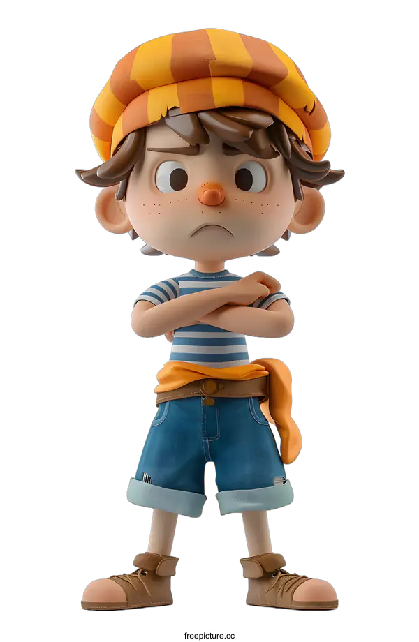 [Transparent Background PNG]3d cartoon character boy with brown hair and blue eyes wearing a yellow hat and striped shirt