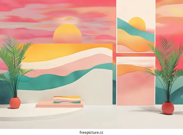 Abstract Colorful Background With Palm Trees and Sunset