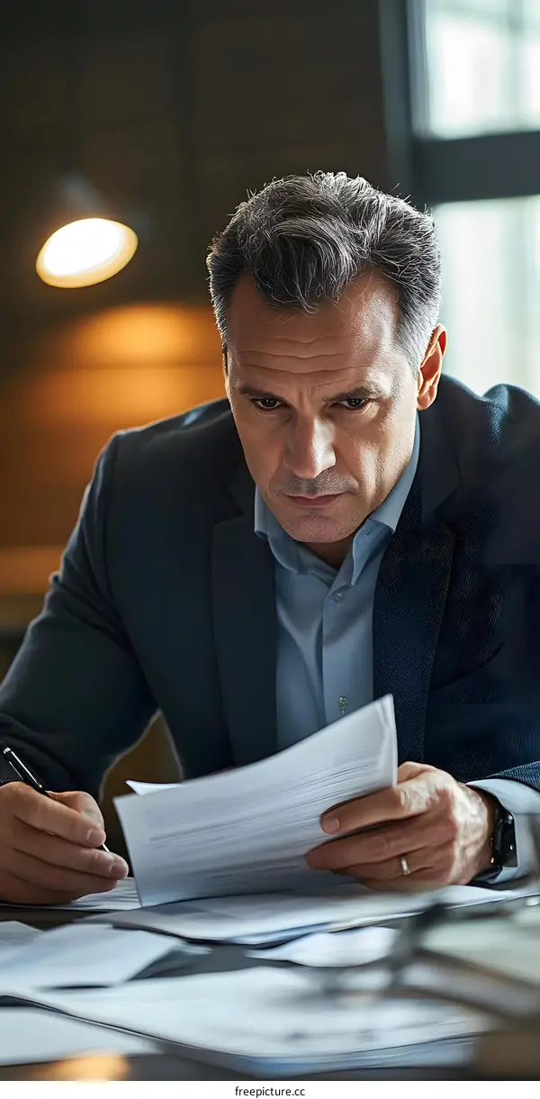 Businessman Reviewing Documents in Office