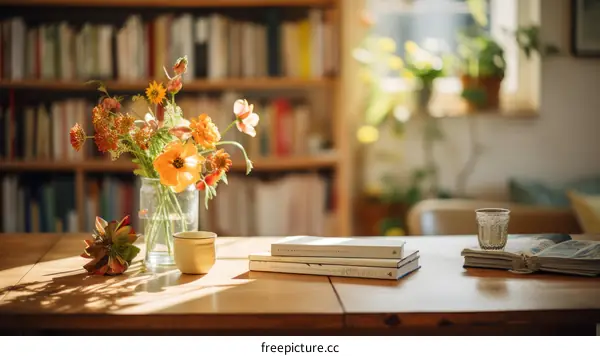 A beautiful bouquet of flowers sits on a wooden table in front of a window.