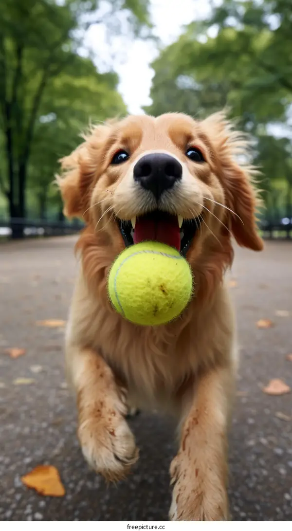 A Golden Retriever Dog Playing With a Tennis Ball in the Park