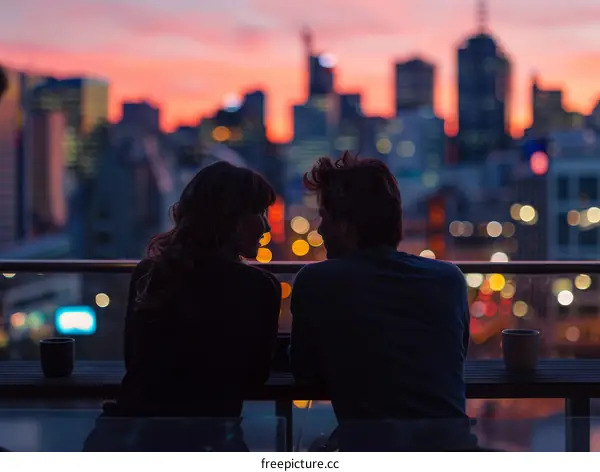 A couple is drinking coffee and enjoying the sunset in the city.