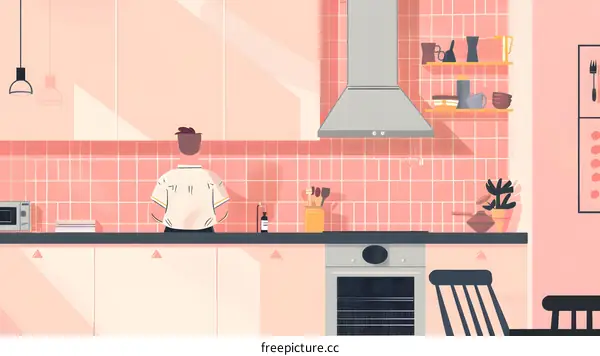 Pink Kitchen Illustration With Man Standing Back