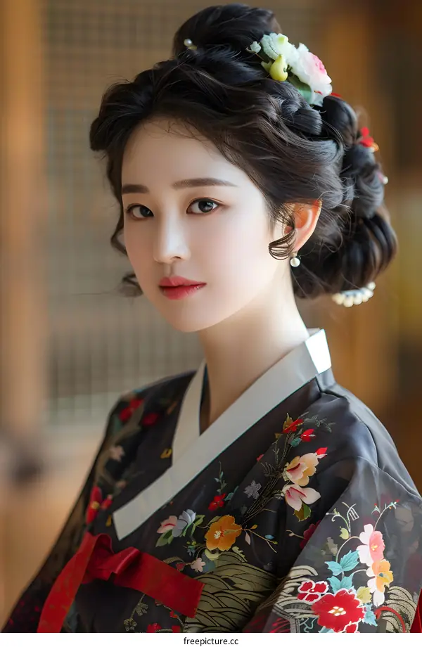 Portrait of a beautiful young Korean woman in traditional dress, or Hanbok