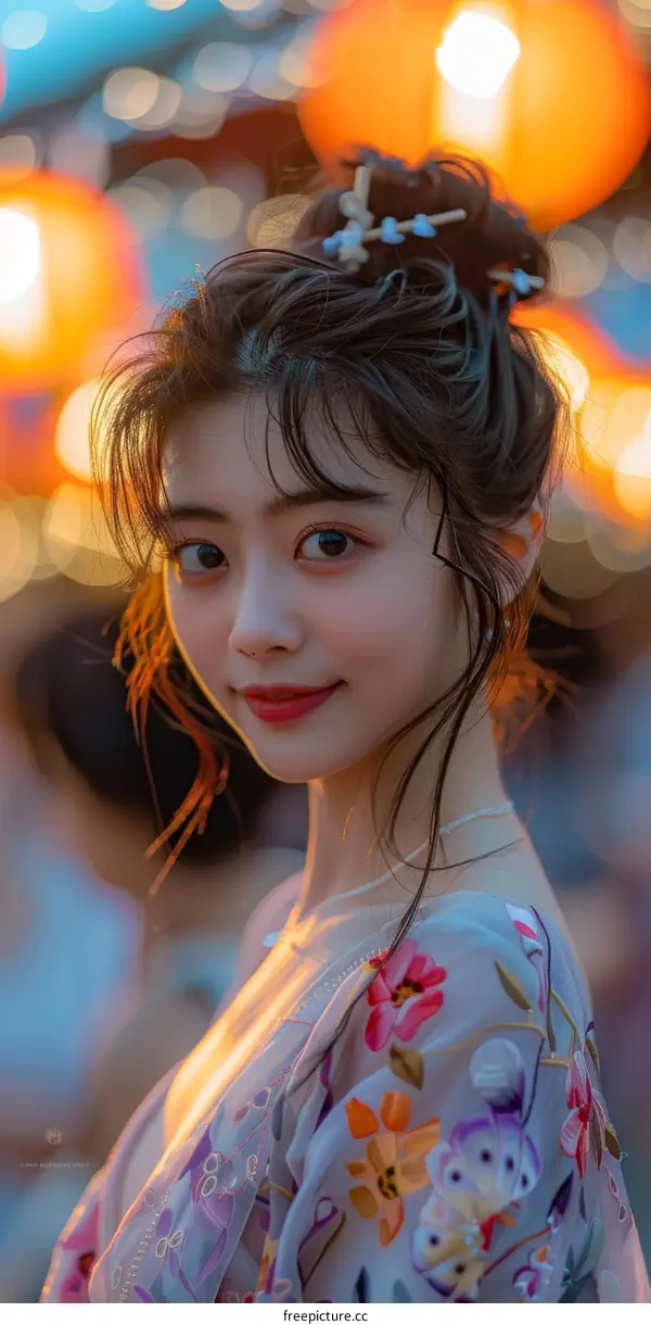 Portrait of a young woman in a kimono smiling under the festival lanterns