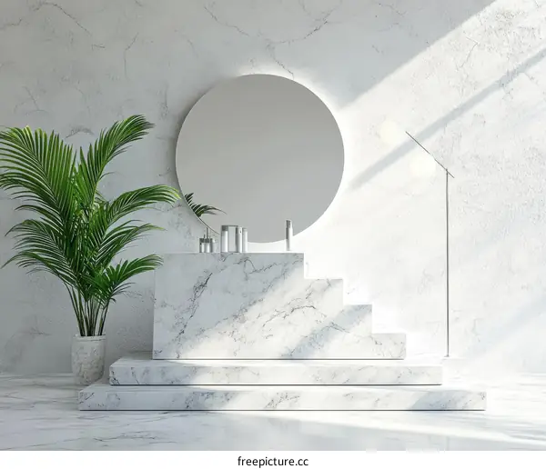 Minimalist Marble Platform Display with Round Mirror