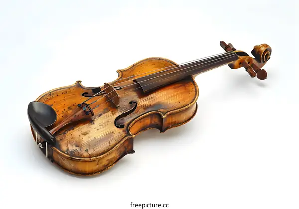 An old violin placed on a white background