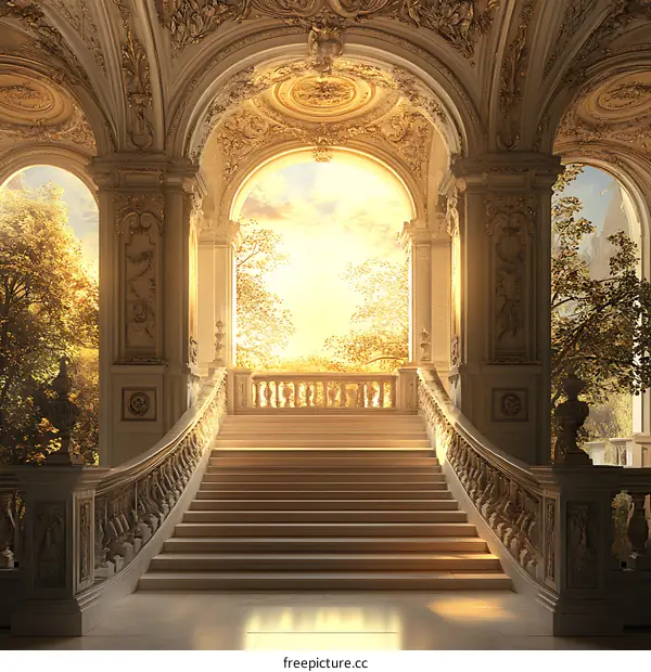 Grand Staircase with Golden Arched Ceiling and Sunlight