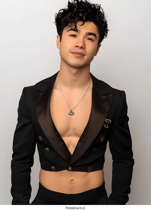 Young Man in Black Suit with a Shirtless Look