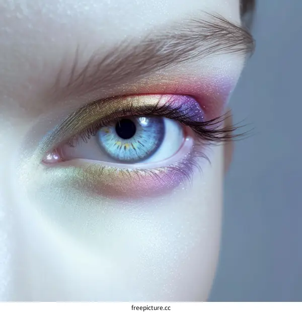 Close-up of woman's blue eye with bright eyeshadow