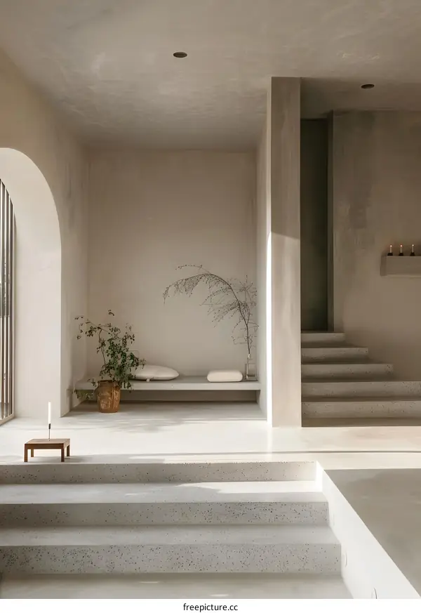 Minimalist Interior Design with Concrete Stairs and Plants