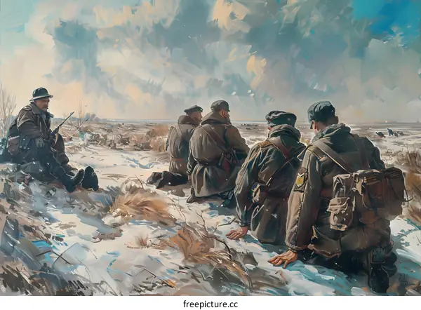 A group of soldiers are taking a break during the war