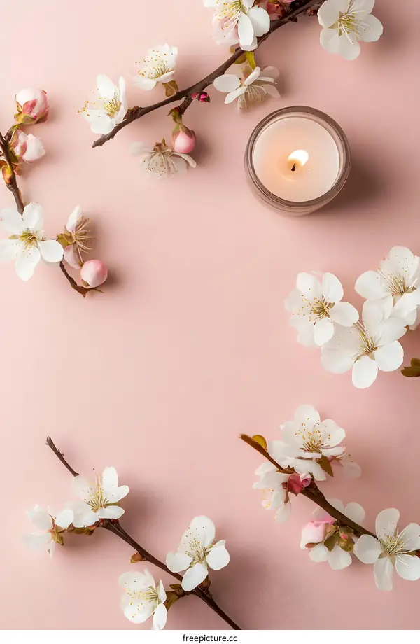 Spring Flowers and Candle on Pink Background