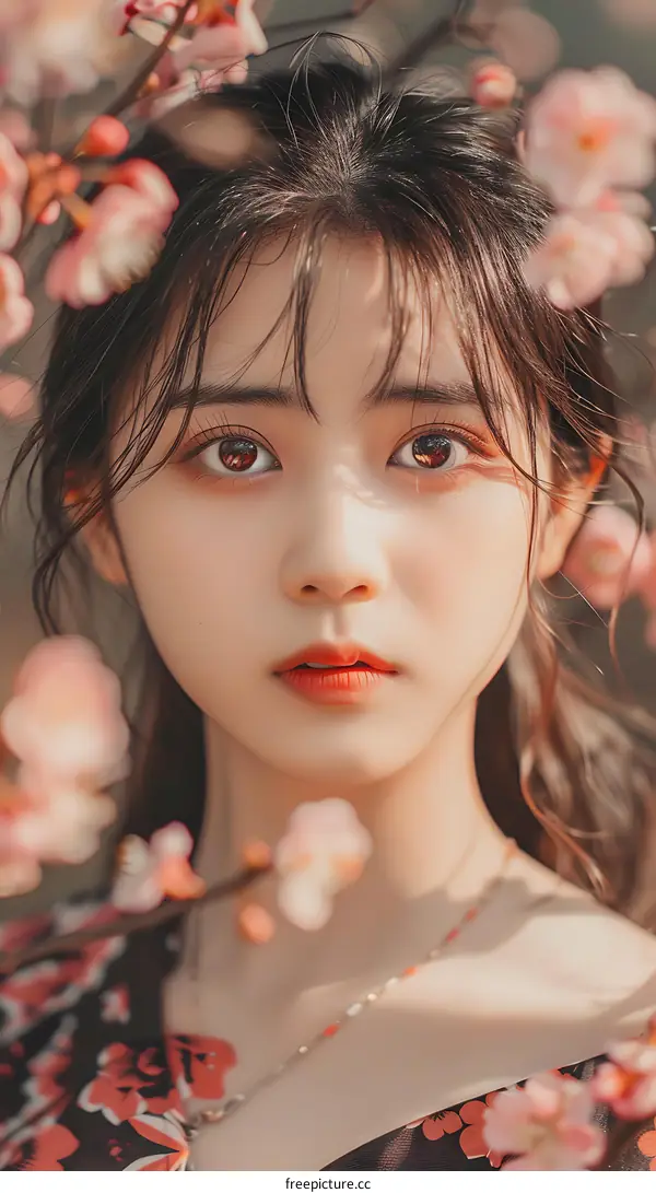 A Young Asian Woman Among Cherry Blossoms