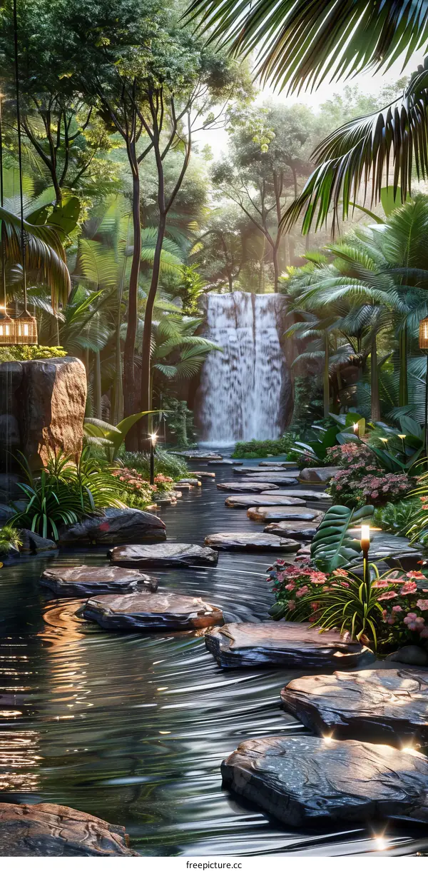 Tropical Waterfall Pathway Garden Scene