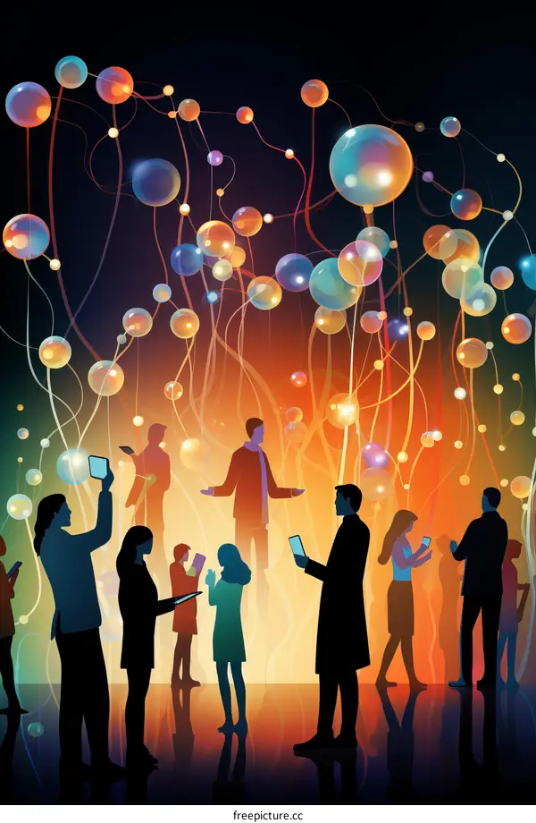 Illustration of people using digital devices in a social network