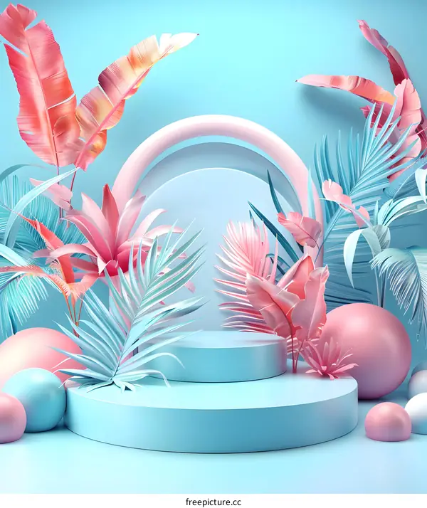 Tropical Summer Background with Blue and Pink Leaves