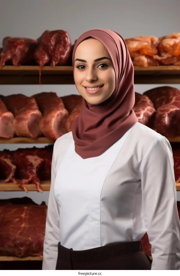 A young woman wearing a hijab stands in front of a display of meat.