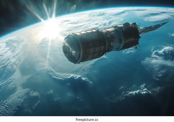 Spacecraft in Orbit Around Earth with Sun in Background
