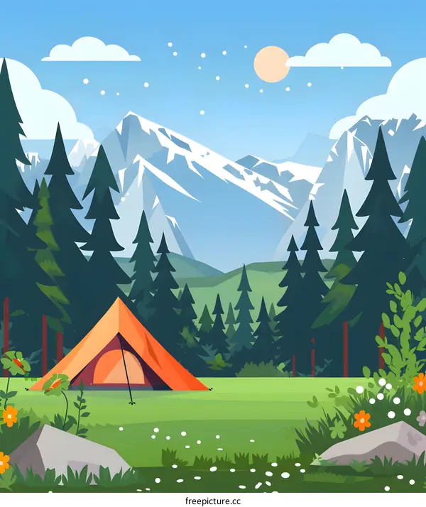Camping Tent In Forest With Mountains In Background