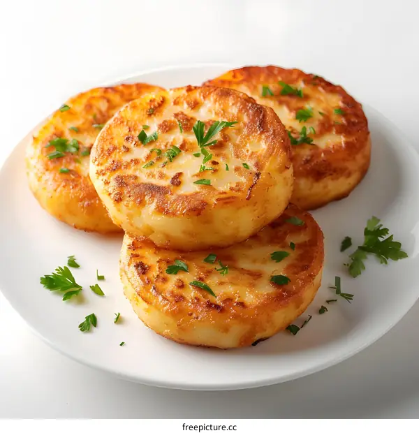 three potato pancakes with parsley on a white plate