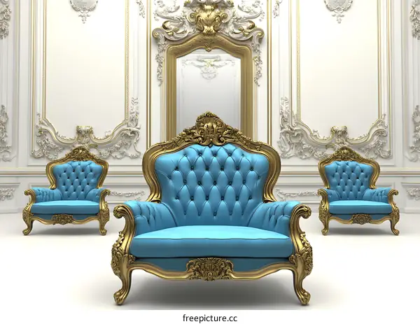 Three Gold And Blue Upholstered Armchairs In A White Room