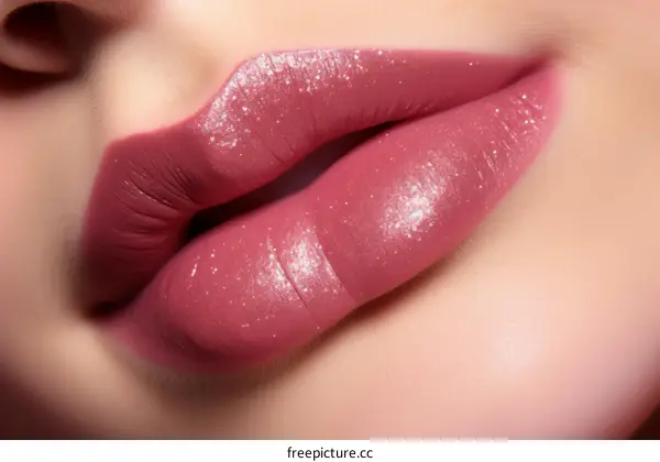 Close-up image of a woman's lips with pink lipstick and sparkles