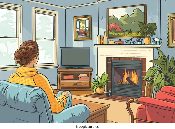 Cozy Living Room with Fireplace and Woman Relaxing in Armchair