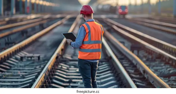 Railway worker inspecting tracks with tablet