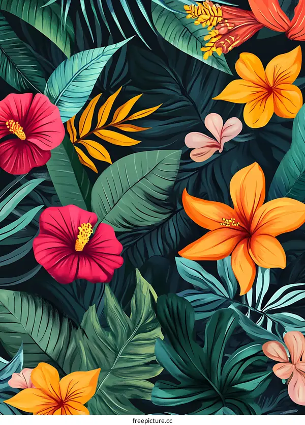 Tropical Leaves and Flowers Seamless Pattern