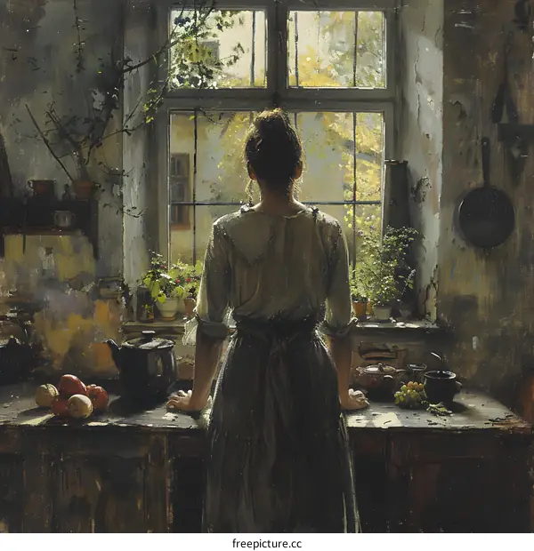Woman Looking Out Window In Rustic Kitchen