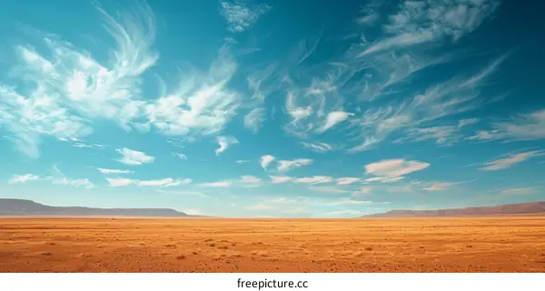 A Vast Desert Landscape with a Clear Blue Sky and Wispy White Clouds