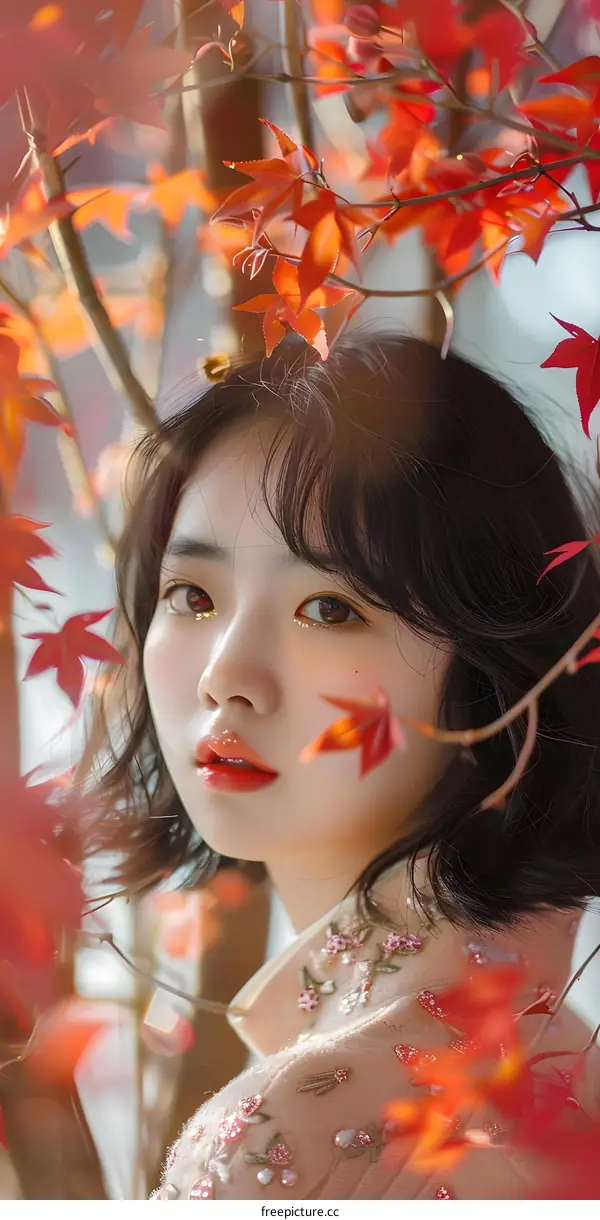 Portrait of a Young Woman with Red Leaves