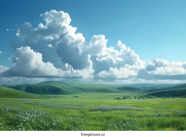 Vast Green Meadow Under a Cloudy Sky
