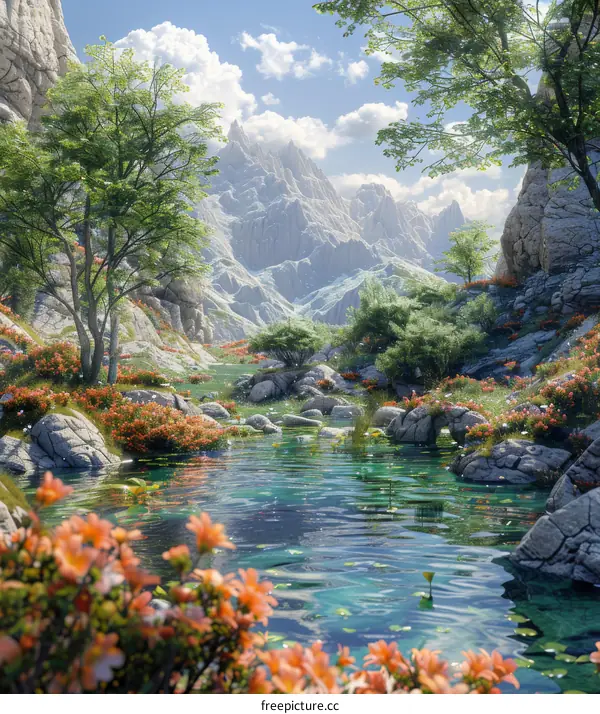 Serene Mountain Valley with Flowing Stream and Wildflowers