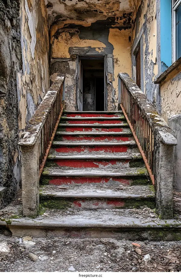 Red Painted Stairs Leading To Old Building Entrance