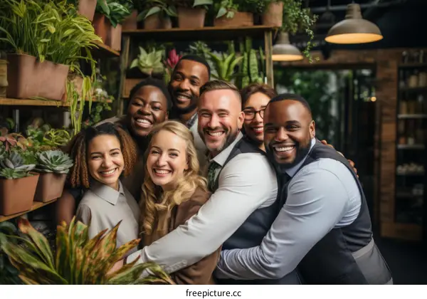 Group of diverse people smiling and hugging in a greenhouse