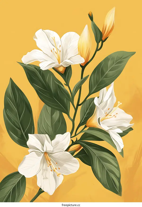 White Flowers With Green Leaves On Yellow Background