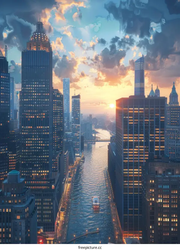 A city skyline with skyscrapers and a river flowing through it