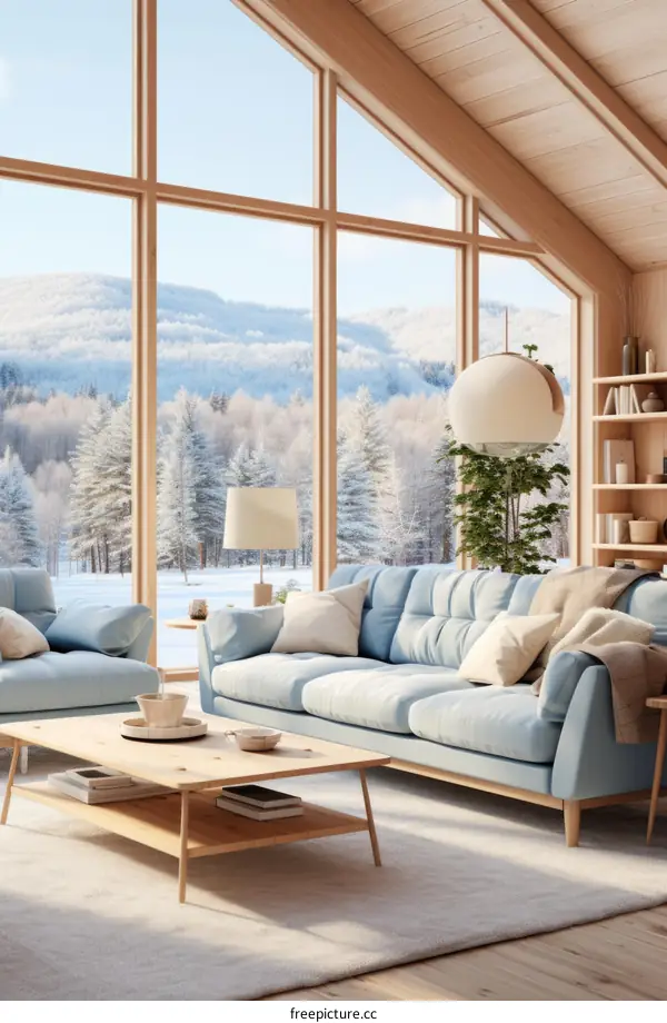 A cozy living room with a view of the snowy mountains