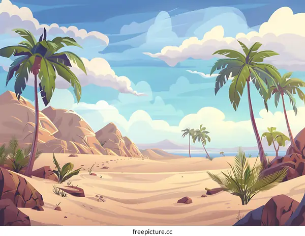 Tropical Island Beach with Palm Trees and Rocky Landscape