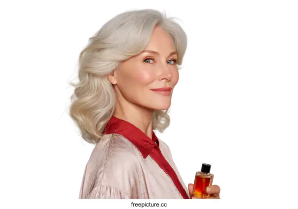 [Transparent Background PNG]Mature Woman Holding Perfume Bottle Portrait