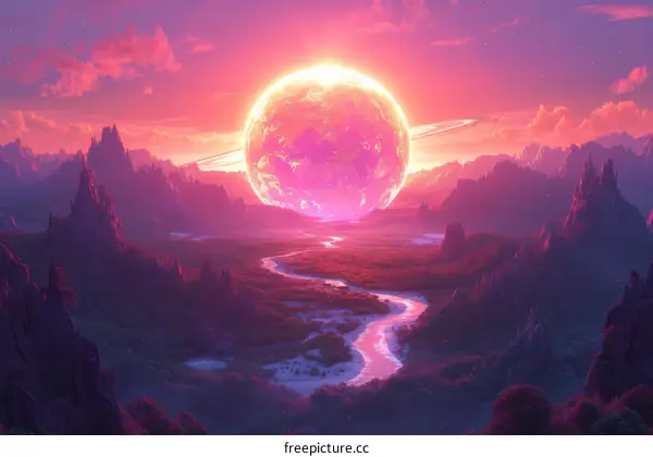 fantasy landscape with a pink planet