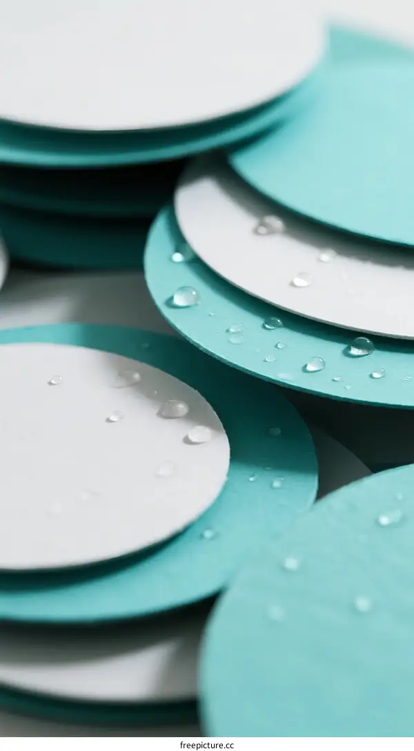 Close-up of teal paper circles with water droplets
