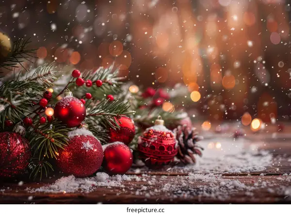 Christmas Ornaments on Snowy Table